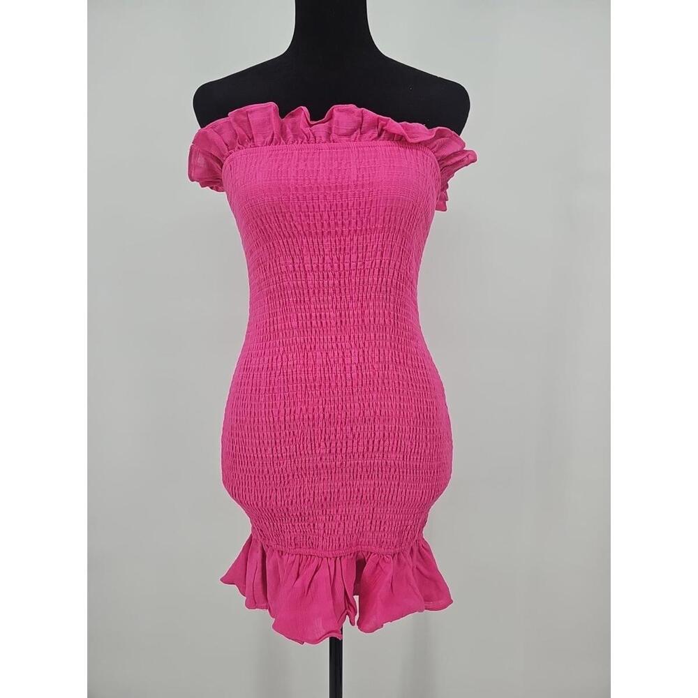 Free People x Seven Wonders Strapless‎ Shirred Mini Dress XS Ruffled Barbiecore